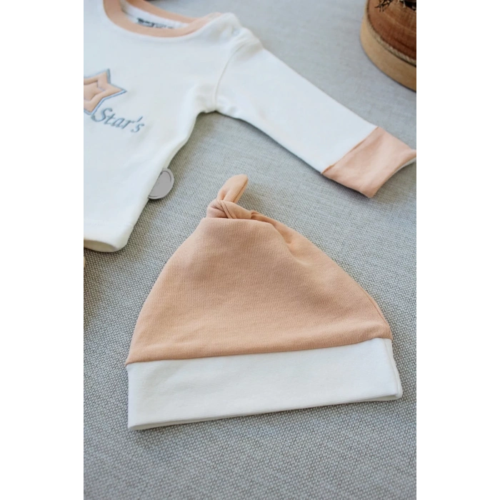 3-6 6-9 9-12 Ay Full Star Nakışlı Şapkalı Uzun Kollu Sweat 3Lü Erkek Bebek Takımı Buğday