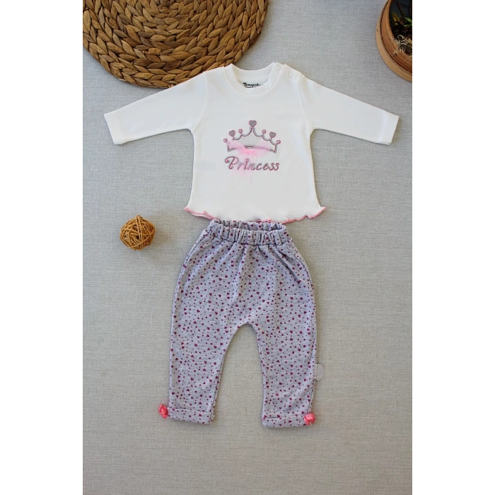 3-6 6-9 9-12 Ay Full Star Nakışlı Şapkalı Uzun Kollu Sweat 3Lü Erkek Bebek Takımı Ekru