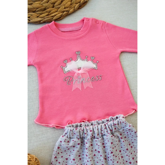 3-6 6-9 9-12 Ay Full Star Nakışlı Şapkalı Uzun Kollu Sweat 3Lü Erkek Bebek Takımı Fuşya