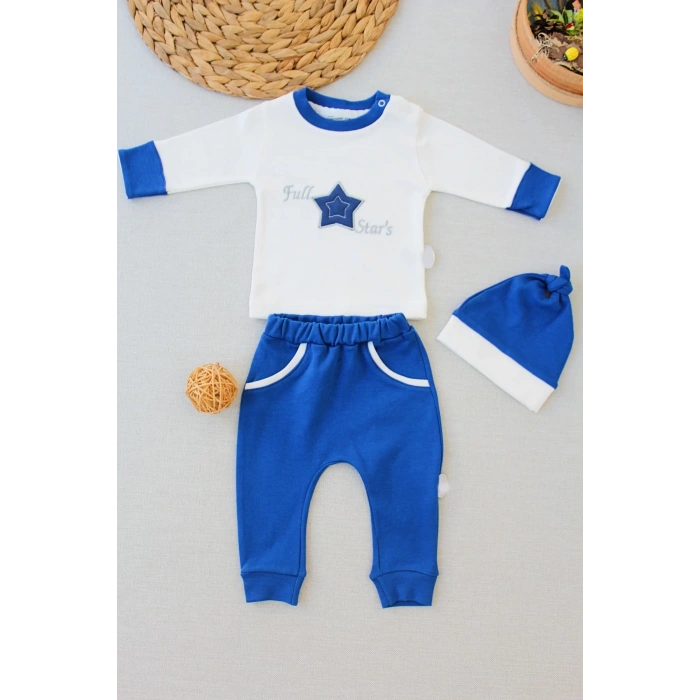 3-6 6-9 9-12 Ay Full Star Nakışlı Şapkalı Uzun Kollu Sweat 3Lü Erkek Bebek Takımı İndigo