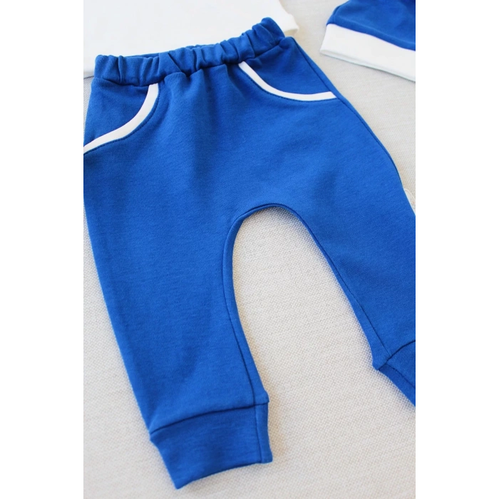 3-6 6-9 9-12 Ay Full Star Nakışlı Şapkalı Uzun Kollu Sweat 3Lü Erkek Bebek Takımı İndigo