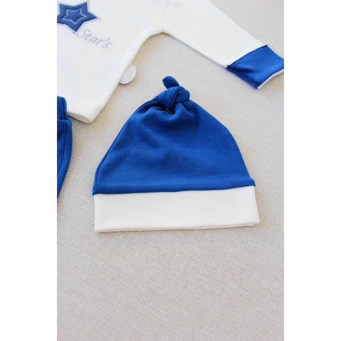 3-6 6-9 9-12 Ay Full Star Nakışlı Şapkalı Uzun Kollu Sweat 3Lü Erkek Bebek Takımı İndigo