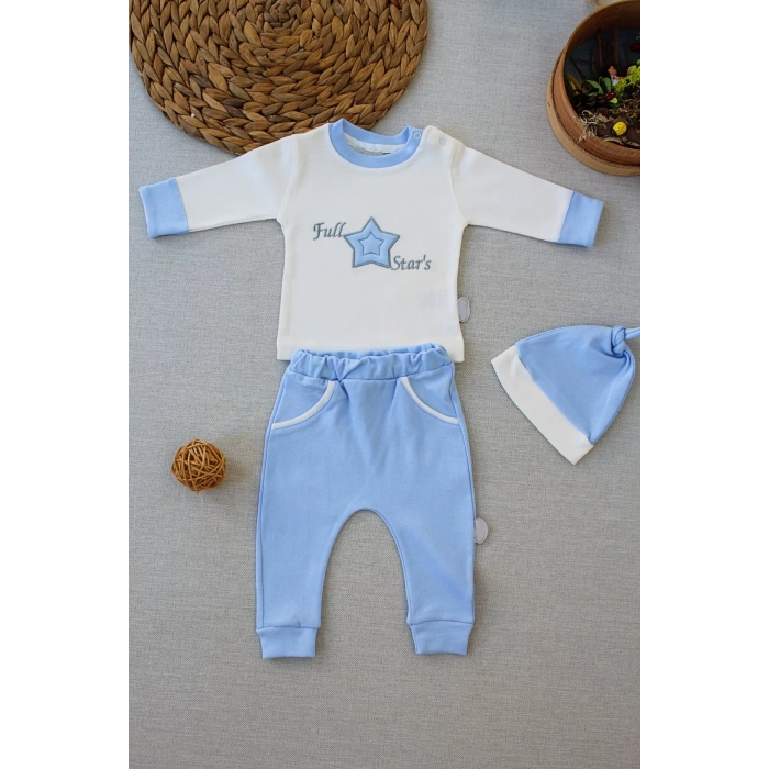 3-6 6-9 9-12 Ay Full Star Nakışlı Şapkalı Uzun Kollu Sweat 3Lü Erkek Bebek Takımı Mavi