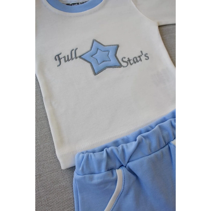 3-6 6-9 9-12 Ay Full Star Nakışlı Şapkalı Uzun Kollu Sweat 3Lü Erkek Bebek Takımı Mavi