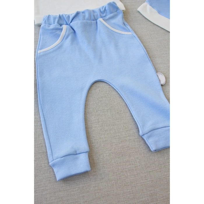 3-6 6-9 9-12 Ay Full Star Nakışlı Şapkalı Uzun Kollu Sweat 3Lü Erkek Bebek Takımı Mavi