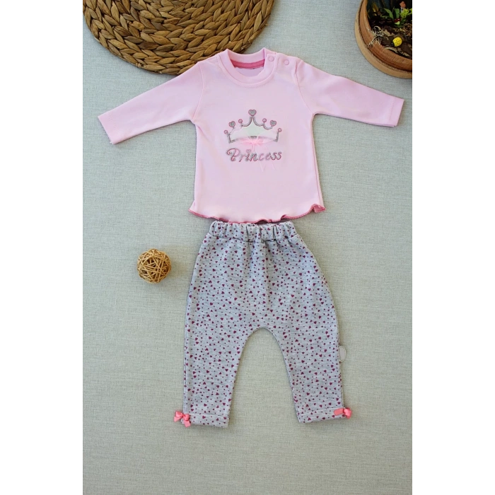 3-6 6-9 9-12 Ay Full Star Nakışlı Şapkalı Uzun Kollu Sweat 3Lü Erkek Bebek Takımı Pembe