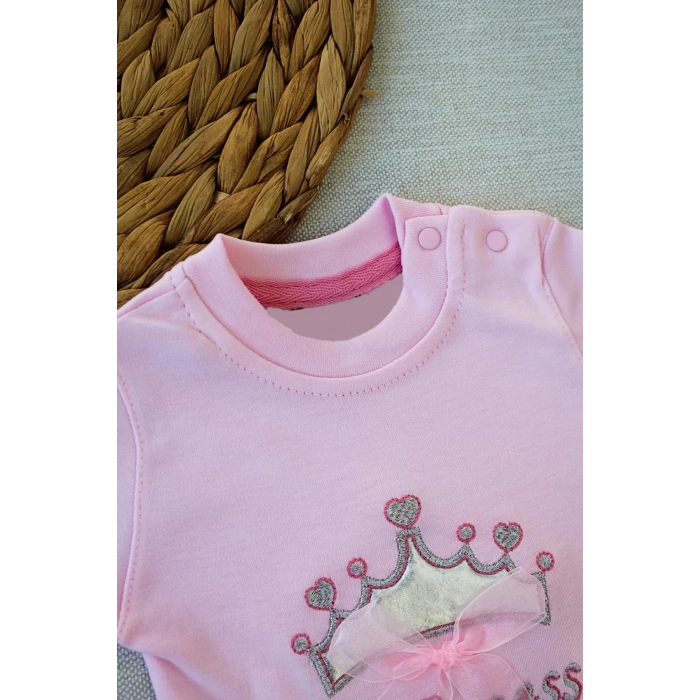 3-6 6-9 9-12 Ay Full Star Nakışlı Şapkalı Uzun Kollu Sweat 3Lü Erkek Bebek Takımı Pembe