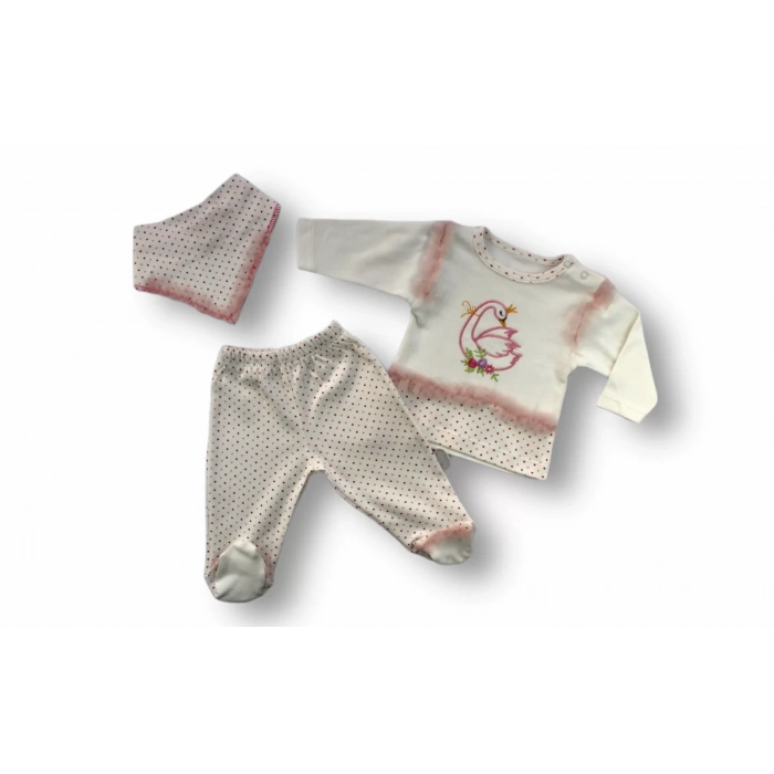 3-6 6-9 9-12 Ay Kraliçe Kuğu Nakışlı Bandajlı Uzun Kollu Sweatli 3Lü Kız Bebek Takımı Ekru