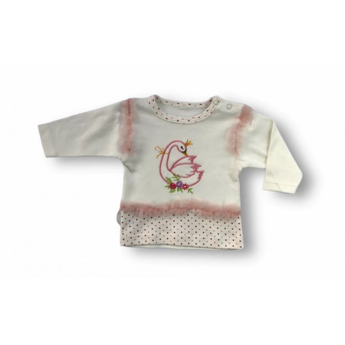 3-6 6-9 9-12 Ay Kraliçe Kuğu Nakışlı Bandajlı Uzun Kollu Sweatli 3Lü Kız Bebek Takımı Ekru