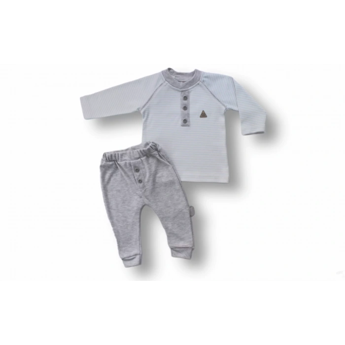 3-6 6-9 9-12 Ay Melanjlı Uzun Kollu Sweatli 2Li Erkek Bebek Takımı Mavi