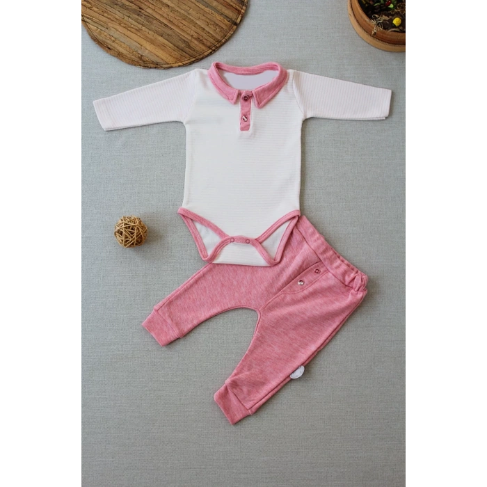 3-6 6-9 9-12 Ay Melanjlı Uzun Kollu Zıbınlı 2Li Kız Bebek Takımı Pembe