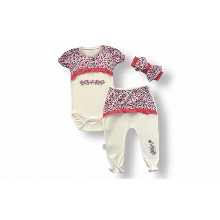 3-6 6-9 9-12 Ay Mimoza Baskılı Bandanalı Kısa Kollu Zıbınlı 3Lü Kız Bebek Takımı Lila