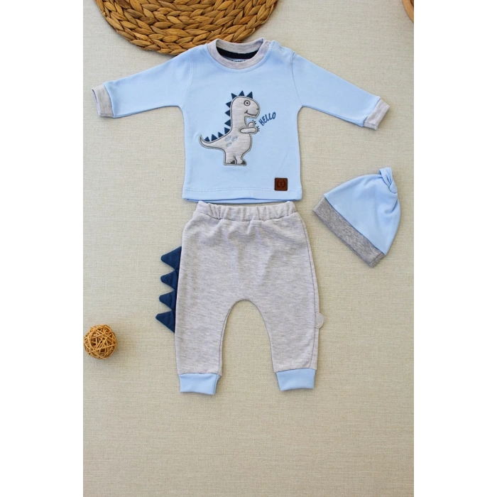 3-6 6-9 9-12 Ay Minik Dino Nakışlı Şapkalı Uzun Kollu Sweat 3Lü Kız-Erkek Bebek Takımı Mavi