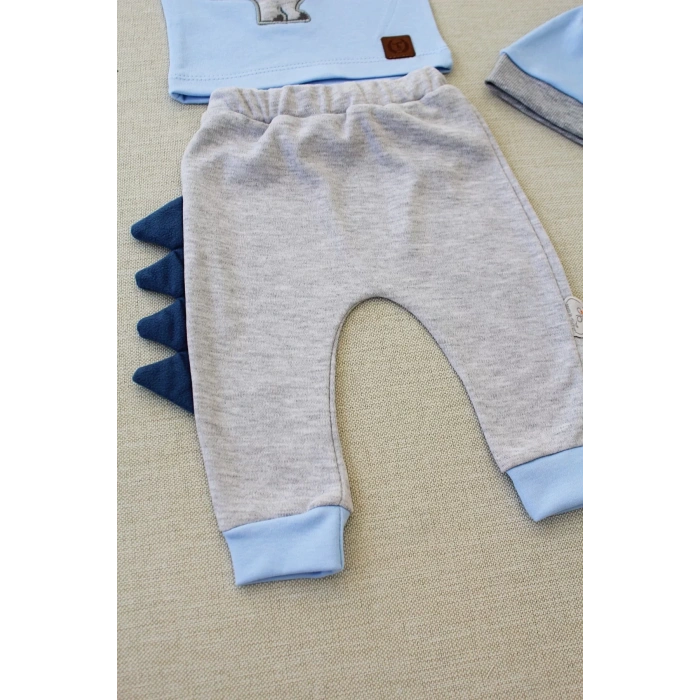 3-6 6-9 9-12 Ay Minik Dino Nakışlı Şapkalı Uzun Kollu Sweat 3Lü Kız-Erkek Bebek Takımı Mavi