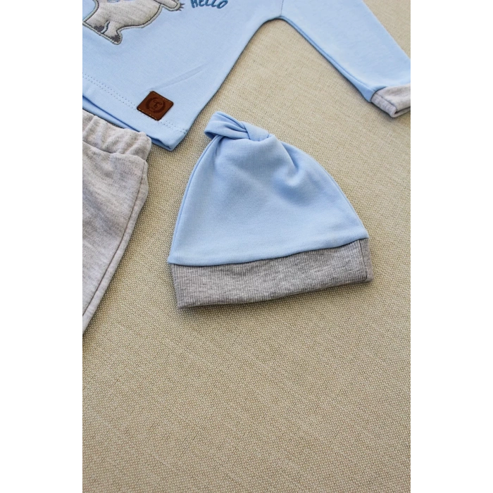 3-6 6-9 9-12 Ay Minik Dino Nakışlı Şapkalı Uzun Kollu Sweat 3Lü Kız-Erkek Bebek Takımı Mavi