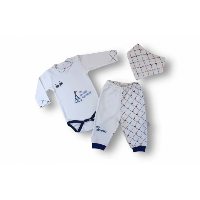 3-6 6-9 9-12 Ay My Camping Nakışlı Bandajlı Uzun Kollu Zıbınlı 3Lü Erkek Bebek Takımı Ekru