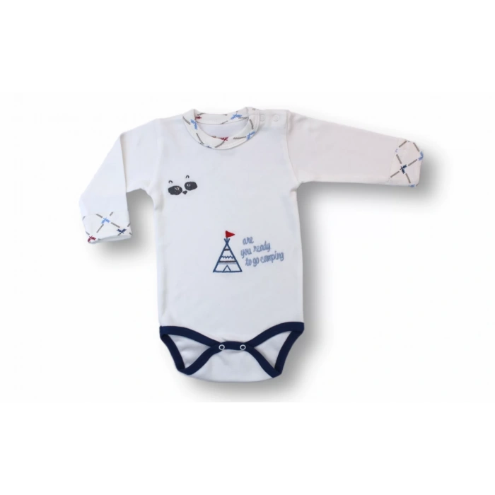 3-6 6-9 9-12 Ay My Camping Nakışlı Bandajlı Uzun Kollu Zıbınlı 3Lü Erkek Bebek Takımı Ekru