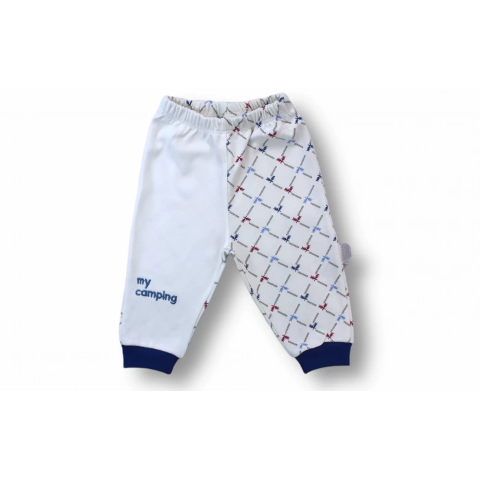 3-6 6-9 9-12 Ay My Camping Nakışlı Bandajlı Uzun Kollu Zıbınlı 3Lü Erkek Bebek Takımı Ekru