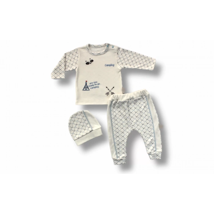 3-6 6-9 9-12 Ay My Camping Nakışlı Şapkalı Uzun Kollu Sweatli 3Lü Erkek Bebek Takımı Ekru