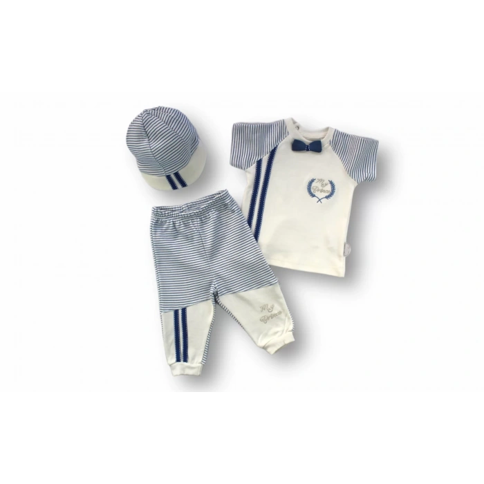 3-6 6-9 9-12 Ay My Prince Nakışlı Şapkalı Kısa Kollu Sweatli 3Lü Erkek Bebek Takımı Ekru