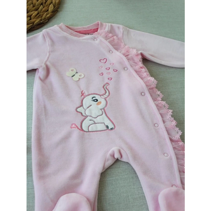 3-6 6-9 9-12 Ay Romantik Fil Nakışlı Pembe Süslü Kız Bebek Tulumu Pembe