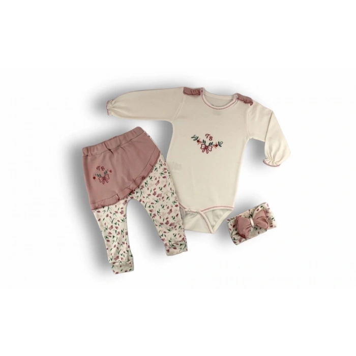 3-6 6-9 9-12 Ay Tb Çiçek Nakışlı Bandanalı Uzun Kollu Zıbınlı 3Lü Kız Bebek Takımı Ekru
