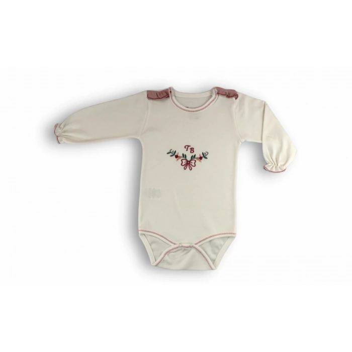 3-6 6-9 9-12 Ay Tb Çiçek Nakışlı Bandanalı Uzun Kollu Zıbınlı 3Lü Kız Bebek Takımı Ekru