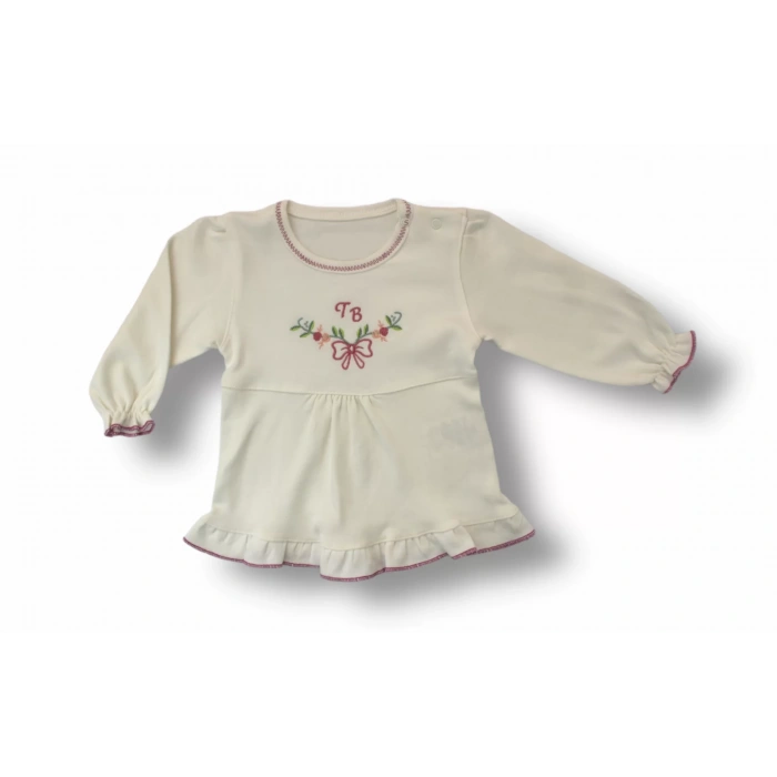 3-6 6-9 9-12 Ay Tb Çiçek Nakışlı Şapkalı Uzun Kollu Sweatli 3Lü Kız Bebek Takımı Ekru