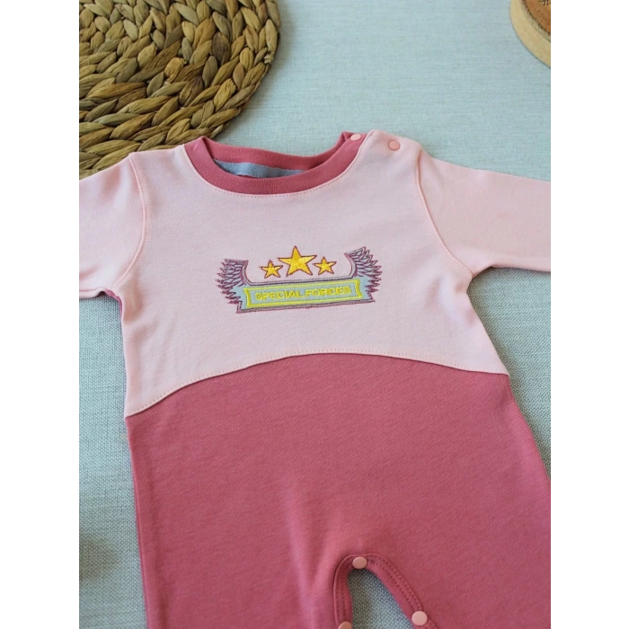 3-6 9-12 12-18 Ay Özel Kuvvetler Nakışlı Bere Şapkalı Kız Erkek Bebek Tulumu Gül Kurusu