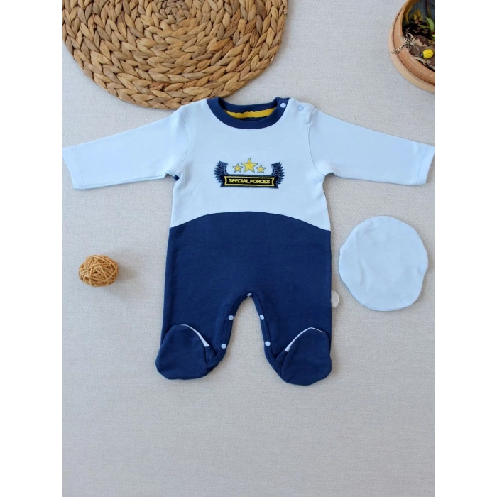 3-6 9-12 12-18 Ay Özel Kuvvetler Nakışlı Bere Şapkalı Kız Erkek Bebek Tulumu Lacivert