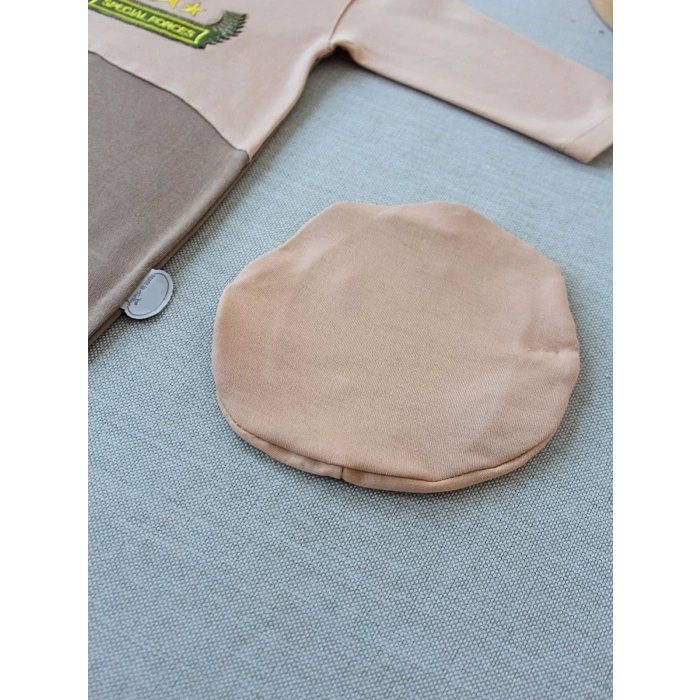 3-6 9-12 12-18 Ay Özel Kuvvetler Nakışlı Bere Şapkalı Kız Erkek Bebek Tulumu Sütlü Kahve