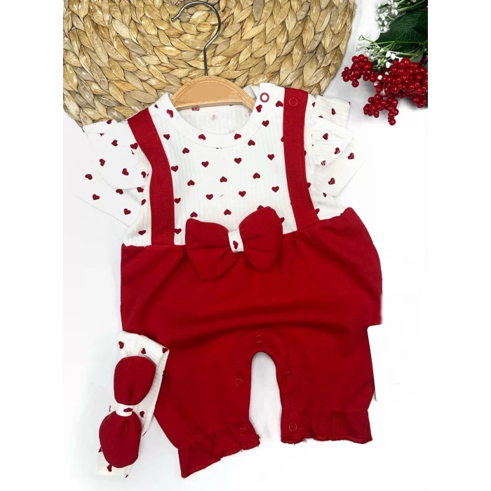3-6-9-12 Ay Bandanalı Piti Kalp Baskılı Salopet Görünümlü 2Li Kız Bebek Takımı