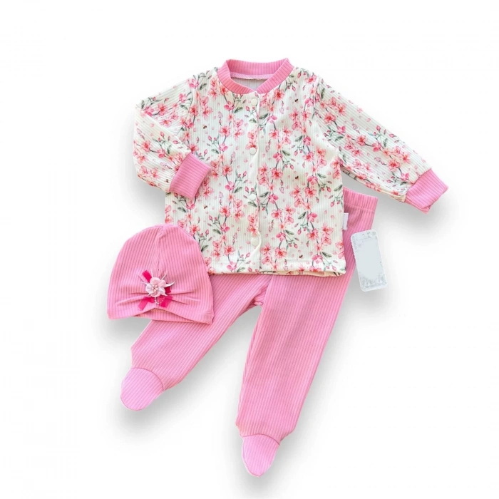 3-6-9-12 Ay Çiçek Baskılı Şapkalı Çıtçıt Kapamalı Patikli 3Lü Kız Bebek Takımı Pembe