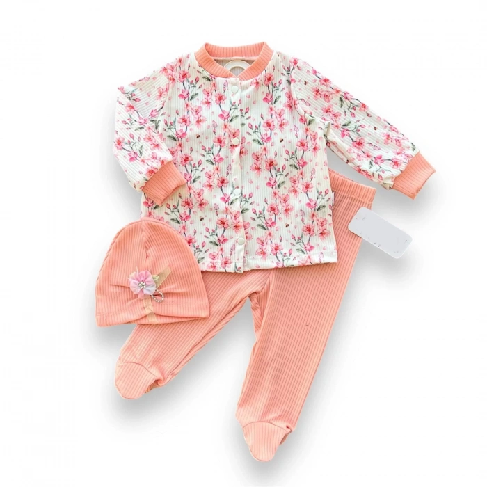 3-6-9-12 Ay Çiçek Baskılı Şapkalı Çıtçıt Kapamalı Patikli 3Lü Kız Bebek Takımı Somon