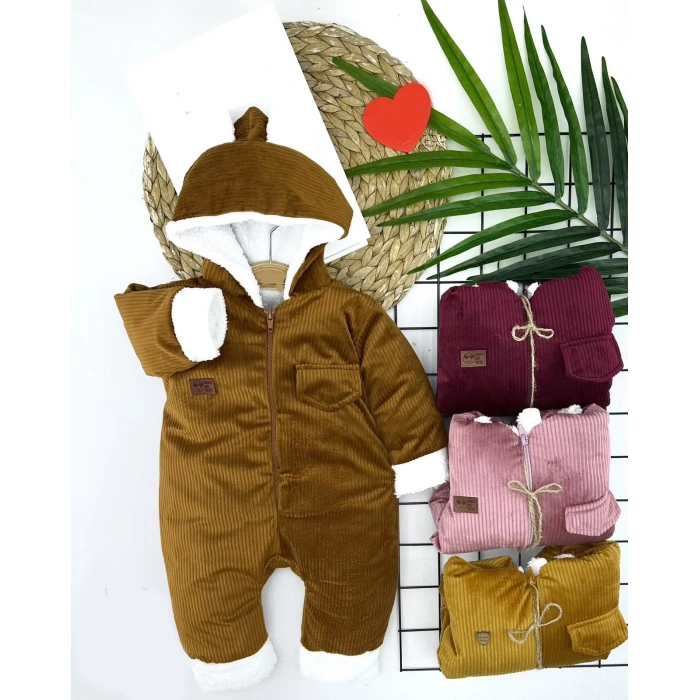 3-6-9-12 Ay Fermuar Kapamalı Kadife Kumaş İçi Tüylü Kız Erkek Bebek Tulumu Bej