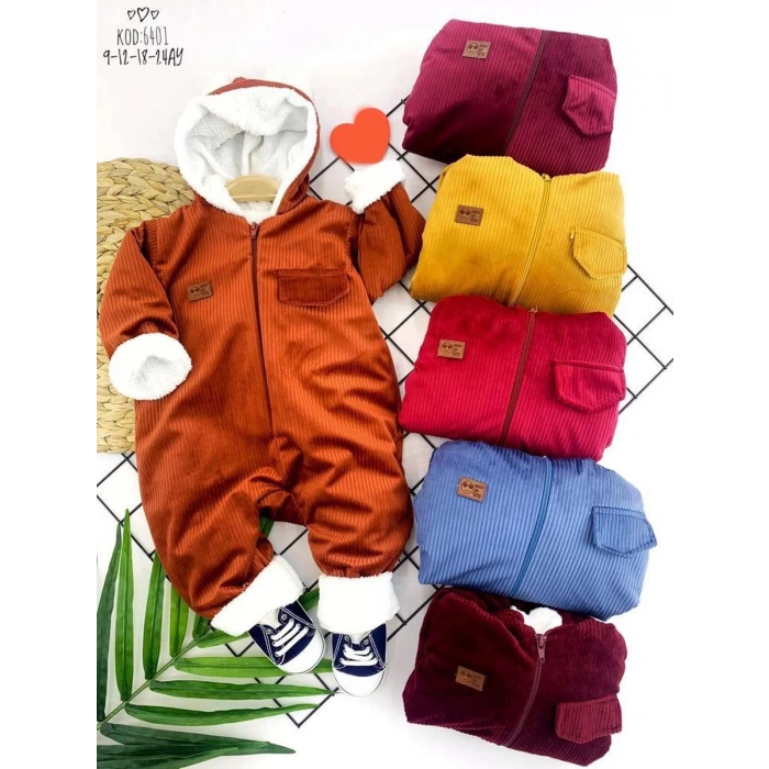 3-6-9-12 Ay Fermuar Kapamalı Kadife Kumaş İçi Tüylü Kız Erkek Bebek Tulumu Kahverengi