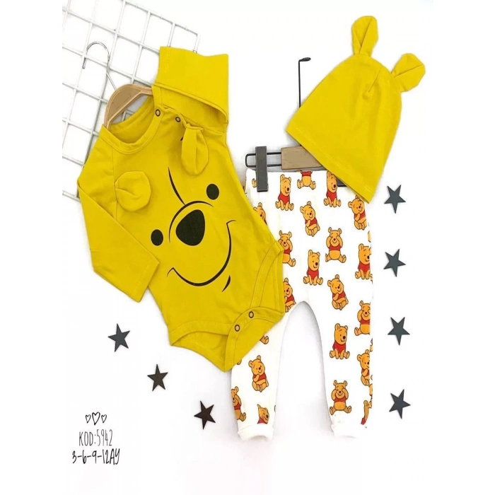 3-6-9-12 Ay Kulaklı Şapka Ayıcık Desenli Zıbınlı 3Lü Kız Erkek Bebek Takımı Sarı