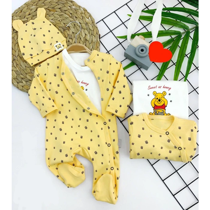 3-6-9-12 Ay Pooh Desenli Şapkalı Sweatli 3Lü Kız Erkek Bebek Tulum Sarı