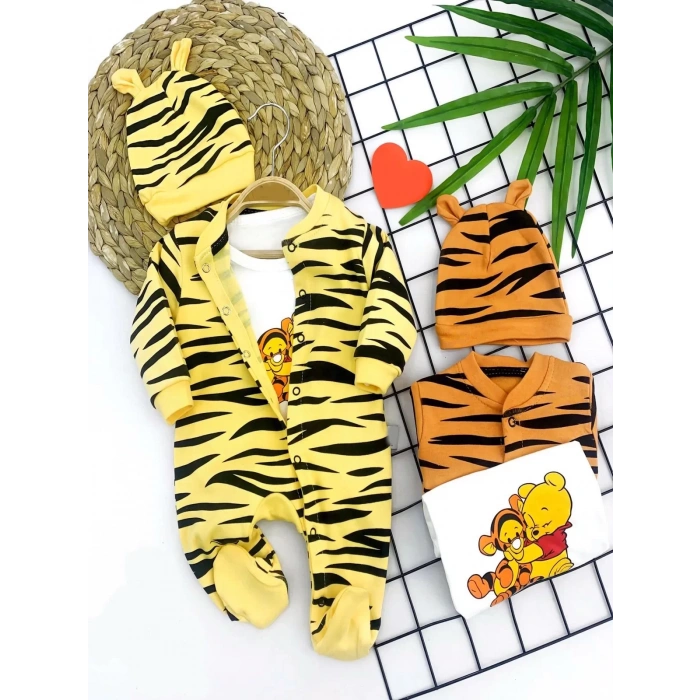 3-6-9-12 Ay Pooh Desenli Zebra Çizgili Şapkalı Sweatli 3Lü Kız Erkek Bebek Tulumu(Sarı) Sarı