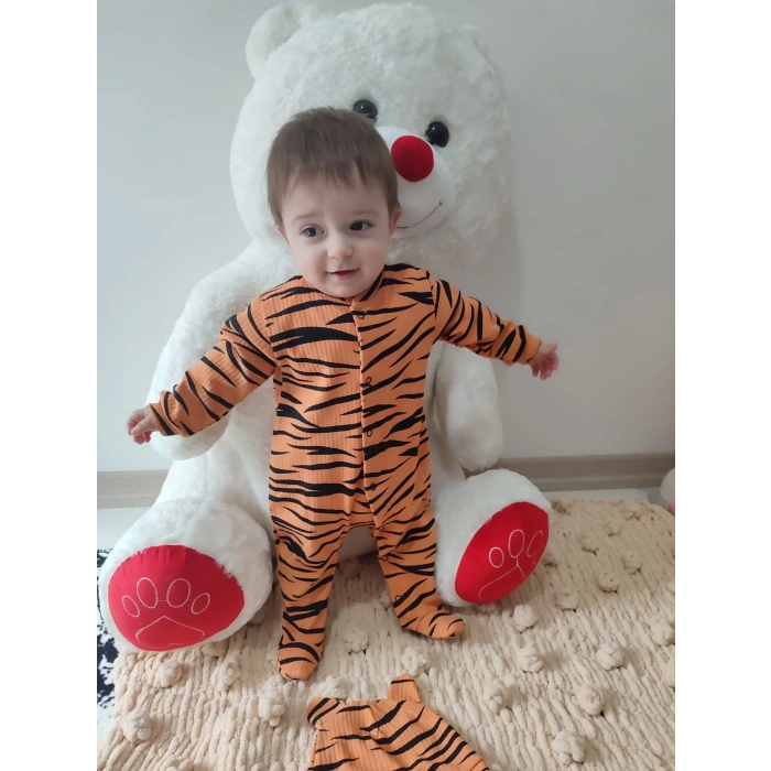 3-6-9-12 Ay Pooh Desenli Zebra Çizgili Şapkalı Sweatli 3Lü Kız Erkek Bebek Tulumu(Sarı) Sarı