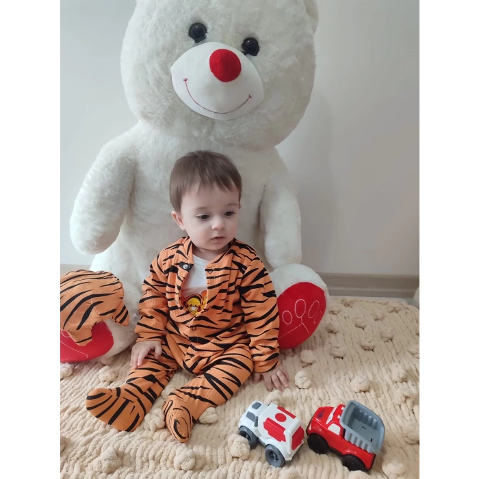 3-6-9-12 Ay Pooh Desenli Zebra Çizgili Şapkalı Sweatli 3Lü Kız Erkek Bebek Tulumu(Sarı) Sarı