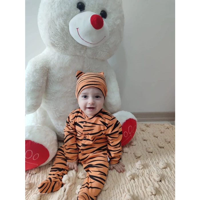 3-6-9-12 Ay Pooh Desenli Zebra Çizgili Şapkalı Sweatli 3Lü Kız Erkek Bebek Tulumu(Sarı) Sarı