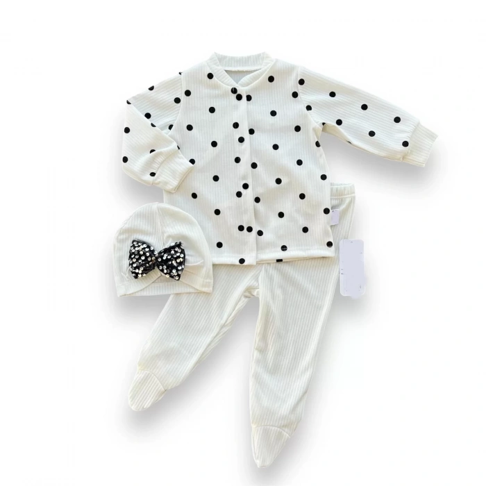 3-6-9-12 Ay Puantiyeli Şapkalı Çıtçıt Kapamalı Patikli 3Lü Kız Bebek Takımı Beyaz