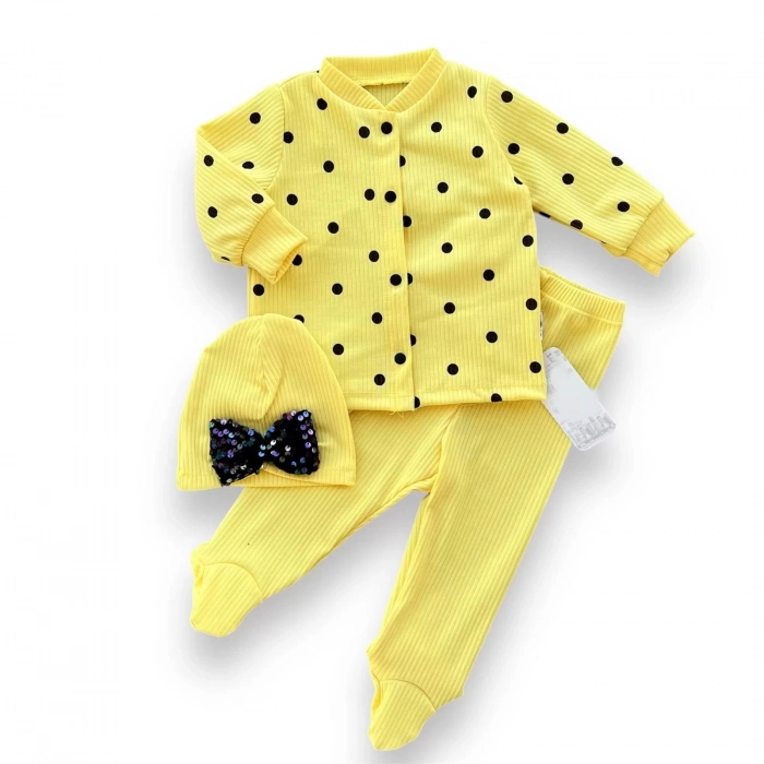 3-6-9-12 Ay Puantiyeli Şapkalı Çıtçıt Kapamalı Patikli 3Lü Kız Bebek Takımı Sarı