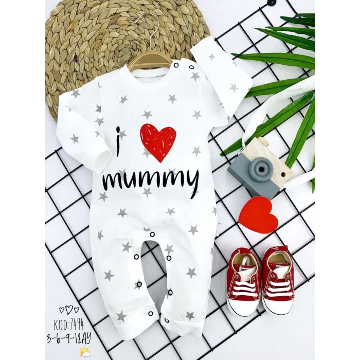 3-6-9-12 Ay  Yıldız I Love Mummy Baskılı Uzun Kollu Kız Erkek Bebek Tulumu Beyaz