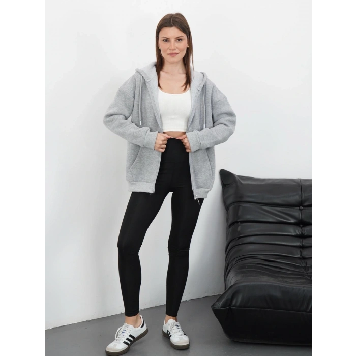 3 iplik şardonlu fermuarlı kapşonlu hırka gri