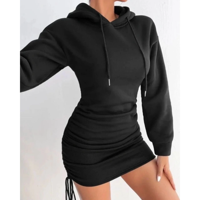 3 iplik şardonlu kapşonlu elbise siyah