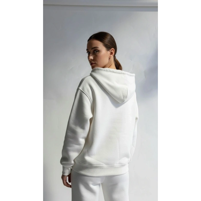 3 iplik şardonlu kapşonlu hoodie frm beyaz p510437