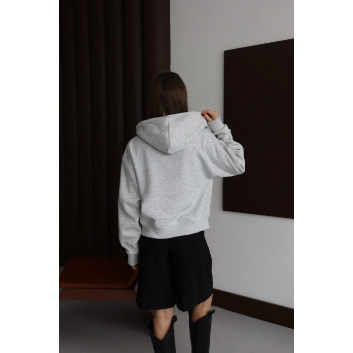 3 iplik şardonlu kapşonlu hoodie frm gri p510437