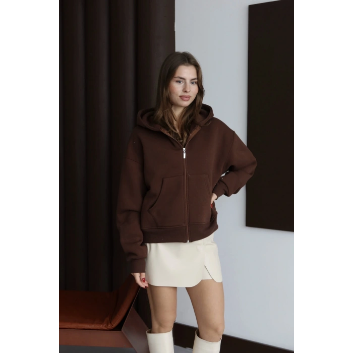 3 iplik şardonlu kapşonlu hoodie frm kahve p510437